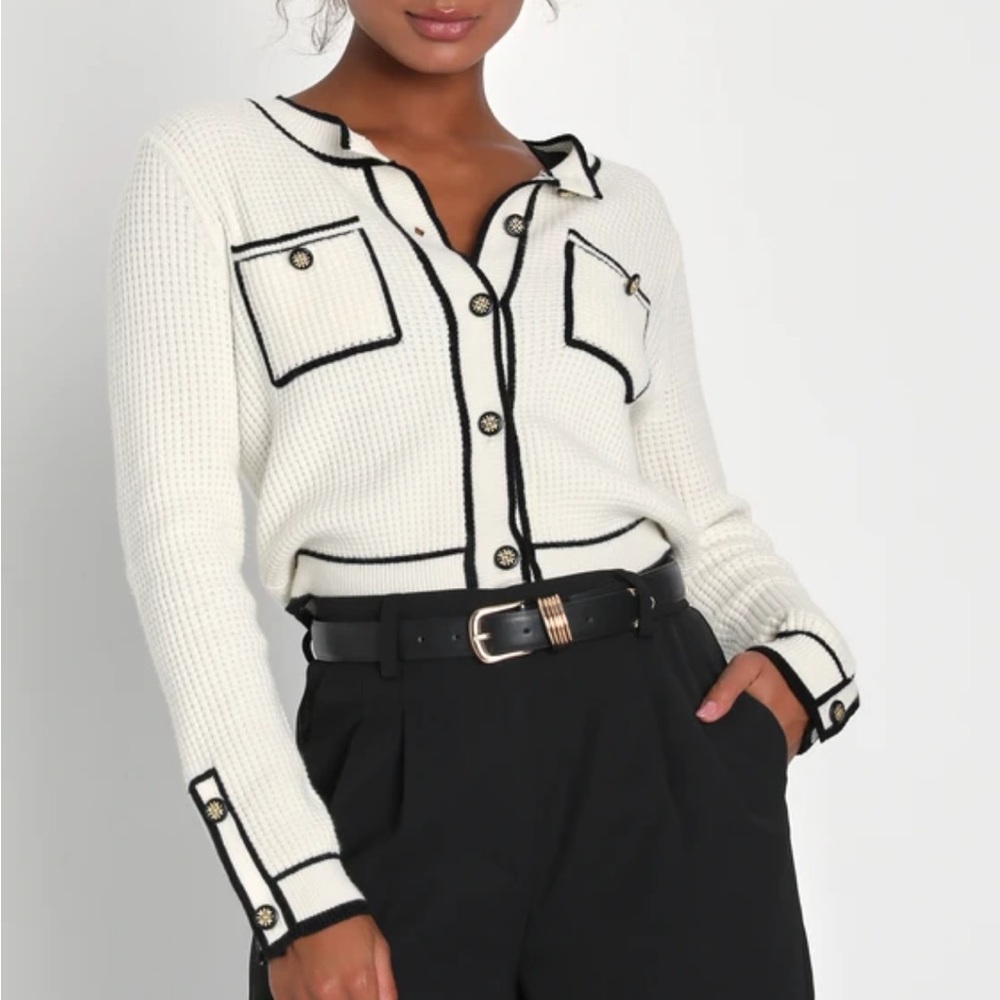 NWT Lulu’s Impressively Iconic Ivory Waffle Knit Contrast Cardigan
